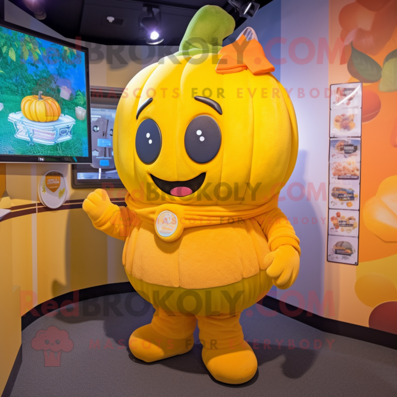 Yellow Pumpkin mascot costume character dressed with a Sweater and Headbands Yellow Pumpkin mascot costume character dressed with a Sweater and Headbands