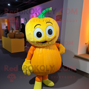 Yellow Pumpkin mascot costume character dressed with a Sweater and Headbands