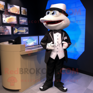 White Fish And Chips mascot costume character dressed with a Tuxedo and Digital watches