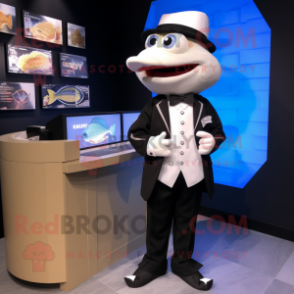 White Fish And Chips mascot costume character dressed with a Tuxedo and Digital watches