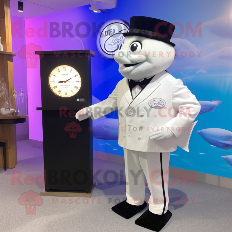 White Fish And Chips mascot costume character dressed with a Tuxedo and Digital watches