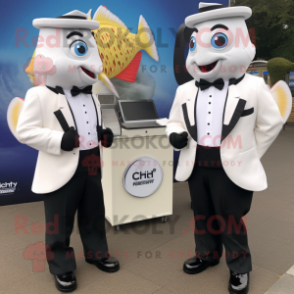 White Fish And Chips mascot costume character dressed with a Tuxedo and Digital watches