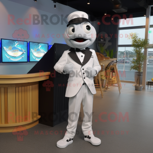 White Fish And Chips mascot costume character dressed with a Tuxedo and Digital watches