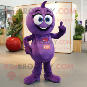 Purple Plum mascot costume character dressed with a Jeans and Brooches