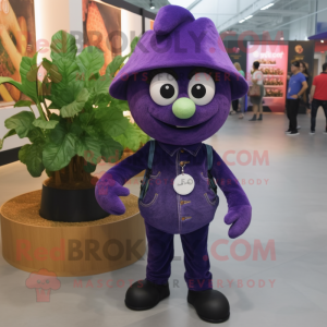 Purple Plum mascot costume character dressed with a Jeans and Brooches