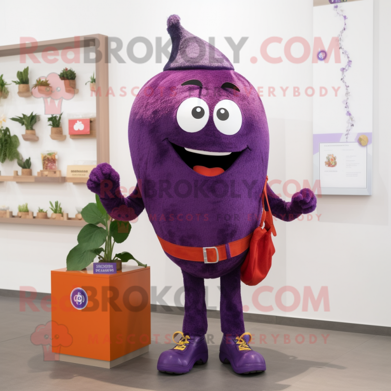 Purple Plum mascot costume character dressed with a Jeans and Brooches