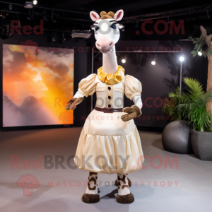 Cream Giraffe mascot costume character dressed with a Pleated Skirt and Belts