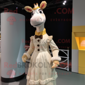 Cream Giraffe mascot costume character dressed with a Pleated Skirt and Belts