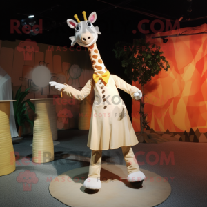 Cream Giraffe mascot costume character dressed with a Pleated Skirt and Belts