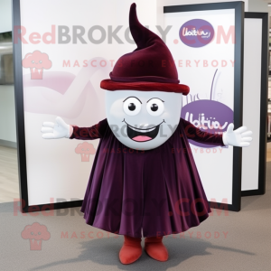 Maroon Eggplant mascot costume character dressed with a Pleated Skirt and Hat pins