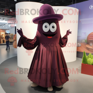 Maroon Eggplant mascot costume character dressed with a Pleated Skirt and Hat pins