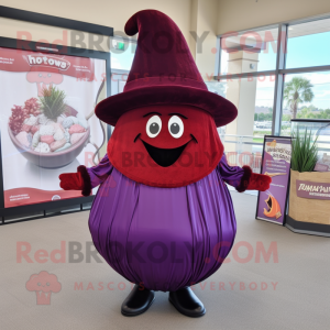 Maroon Eggplant mascot costume character dressed with a Pleated Skirt and Hat pins