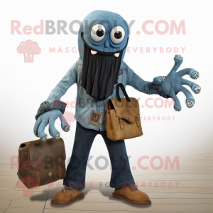 Black Kraken mascot costume character dressed with a Chambray Shirt and Clutch bags