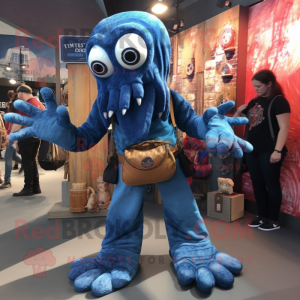 Black Kraken mascot costume character dressed with a Chambray Shirt and Clutch bags
