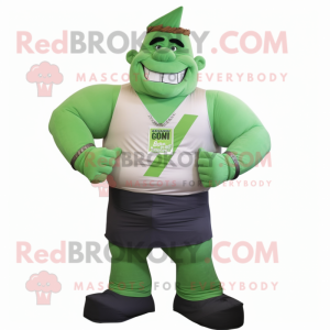 Green Strongman mascot costume character dressed with a Vest and Tie pins