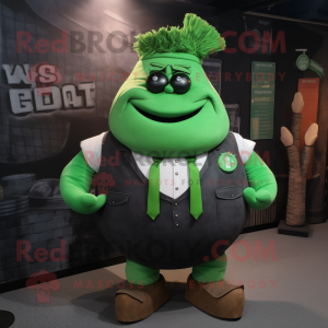 Green Strongman mascot costume character dressed with a Vest and Tie pins