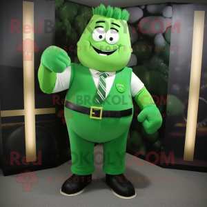 Green Strongman mascot costume character dressed with a Vest and Tie pins