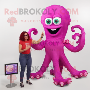 Magenta Octopus mascot costume character dressed with a Mom Jeans and Digital watches