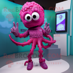 Magenta Octopus mascot costume character dressed with a Mom Jeans and Digital watches