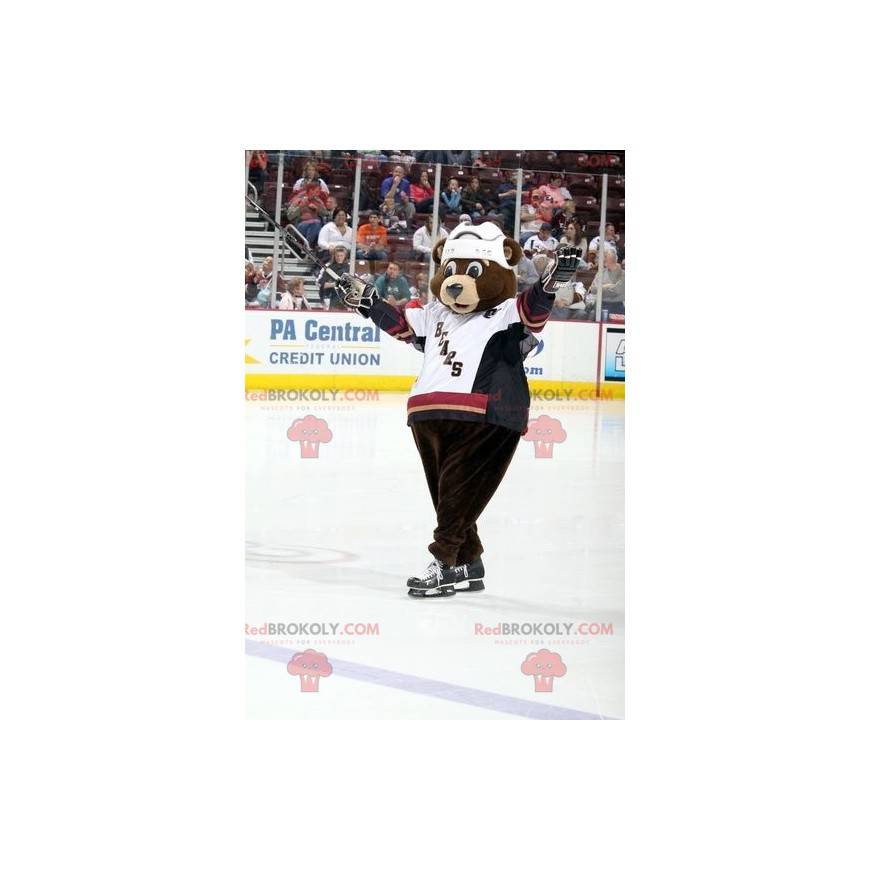 Mascotte d'ours marron en tenue de hockey - Redbrokoly.com