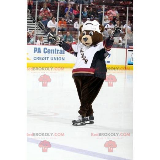 Mascotte dell'orso bruno in attrezzatura da hockey -