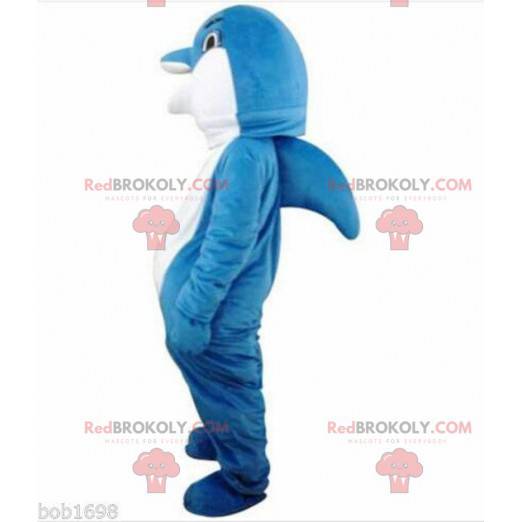 Mascotte delfino blu e bianco, completamente personalizzabile -