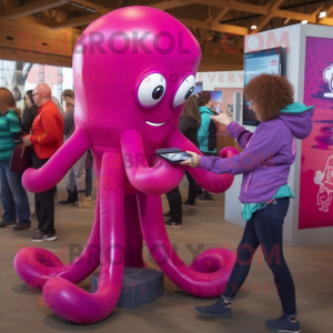 Magenta Octopus mascot costume character dressed with a Mom Jeans and Digital watches