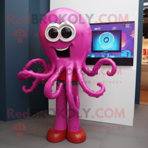 Magenta Octopus mascot costume character dressed with a Mom Jeans and Digital watches