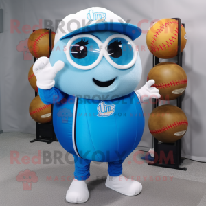 Sky Blue Baseball Ball mascot costume character dressed with a Vest and Eyeglasses