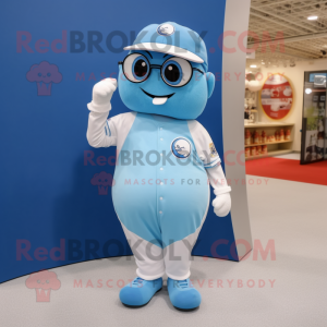 Sky Blue Baseball Ball mascot costume character dressed with a Vest and Eyeglasses