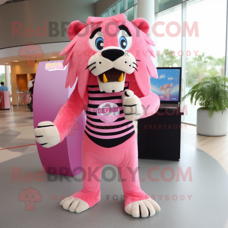 Pink Saber-Toothed Tiger mascot costume character dressed with a Swimwear and Keychains