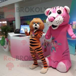 Pink Saber-Toothed Tiger mascot costume character dressed with a Swimwear and Keychains
