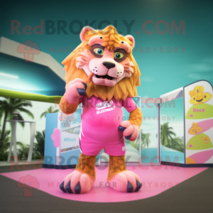 Pink Saber-Toothed Tiger mascot costume character dressed with a Swimwear and Keychains