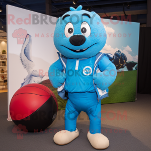 Cyan Rugby Ball mascot costume character dressed with a Chinos and Earrings