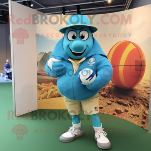 Cyan Rugby Ball mascot costume character dressed with a Chinos and Earrings