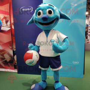 Cyan Rugby Ball mascot costume character dressed with a Chinos and Earrings