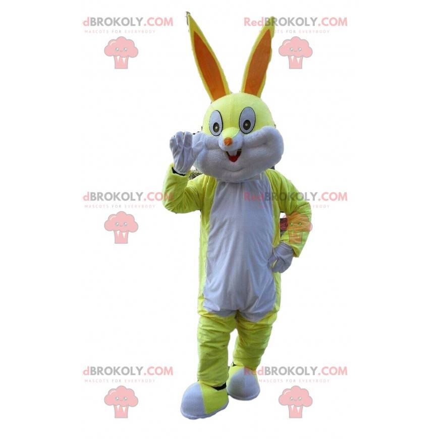 Mascote coelho amarelo e branco, fantasia de Pernalonga -