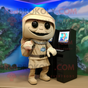 Beige Computer mascot costume character dressed with a Rash Guard and Backpacks