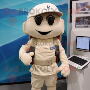 Beige Computer mascot costume character dressed with a Rash Guard and Backpacks