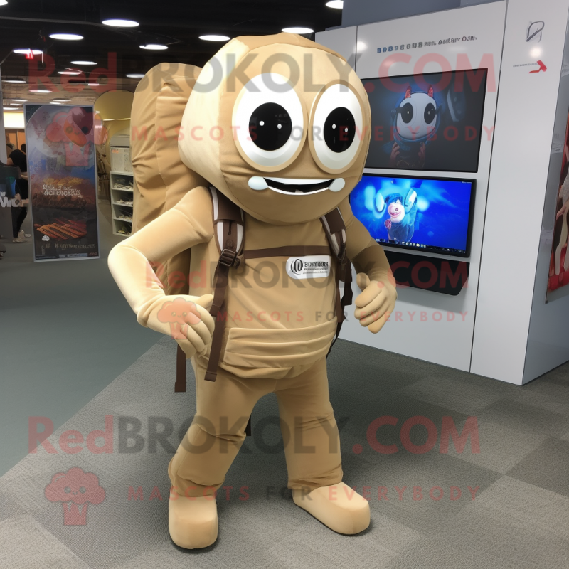 Beige Computer mascot costume character dressed with a Rash Guard and Backpacks