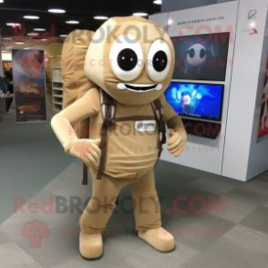 Beige Computer mascot costume character dressed with a Rash Guard and Backpacks