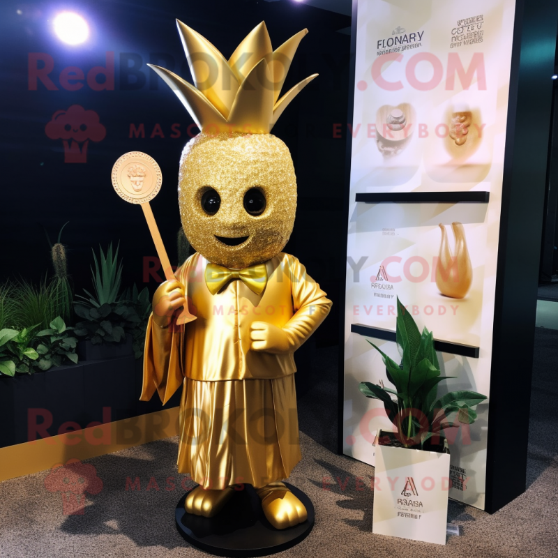 Gold Pineapple mascot costume character dressed with a Wrap Dress and Lapel pins Gold Pineapple mascot costume character dressed with a Wrap Dress and Lapel pins