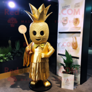 Gold Pineapple mascot costume character dressed with a Wrap Dress and Lapel pins