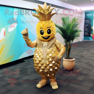 Gold Pineapple mascot costume character dressed with a Wrap Dress and Lapel pins