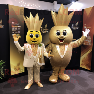 Gold Pineapple mascot costume character dressed with a Wrap Dress and Lapel pins