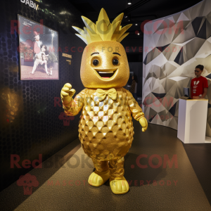 Gold Pineapple mascot costume character dressed with a Wrap Dress and Lapel pins