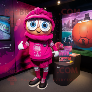 Magenta Rugby Ball mascot costume character dressed with a Midi Dress and Scarves
