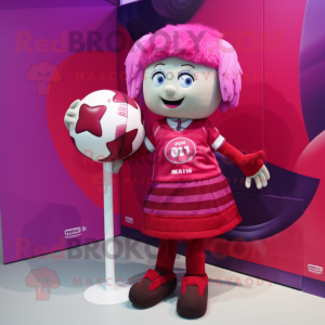 Magenta Rugby Ball mascot costume character dressed with a Midi Dress and Scarves