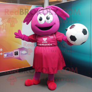 Magenta Rugby Ball mascot costume character dressed with a Midi Dress and Scarves