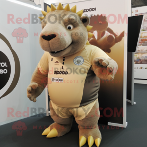 Tan Ankylosaurus mascot costume character dressed with a Rugby Shirt and Hair clips
